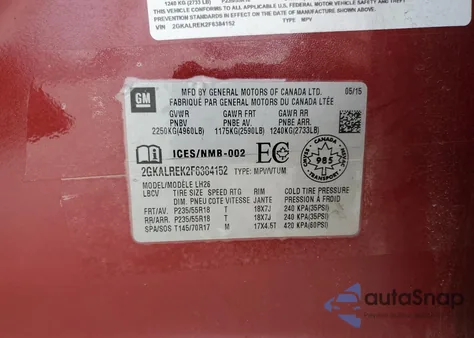 2015 GMC Terrain Sle из США, поврежденный, VIN 2GKALREK2F6384152